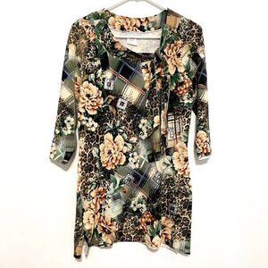 ALBERTO MAKALI Green Cream Leopard Cheetah Animal Floral Plaid 3/4 Sleeve Tunic